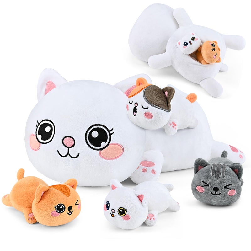 KMUYSL Cat Stuffed Animals Toys for Ages 0 1 2 3 4 5 6 7 8+ Years Old Kids - Mommy Cat with 4 Baby Kitty in Her Tummy, Idea Xmas Birthday Gifts for Baby, Toddler, Girls, Boys - Image 1