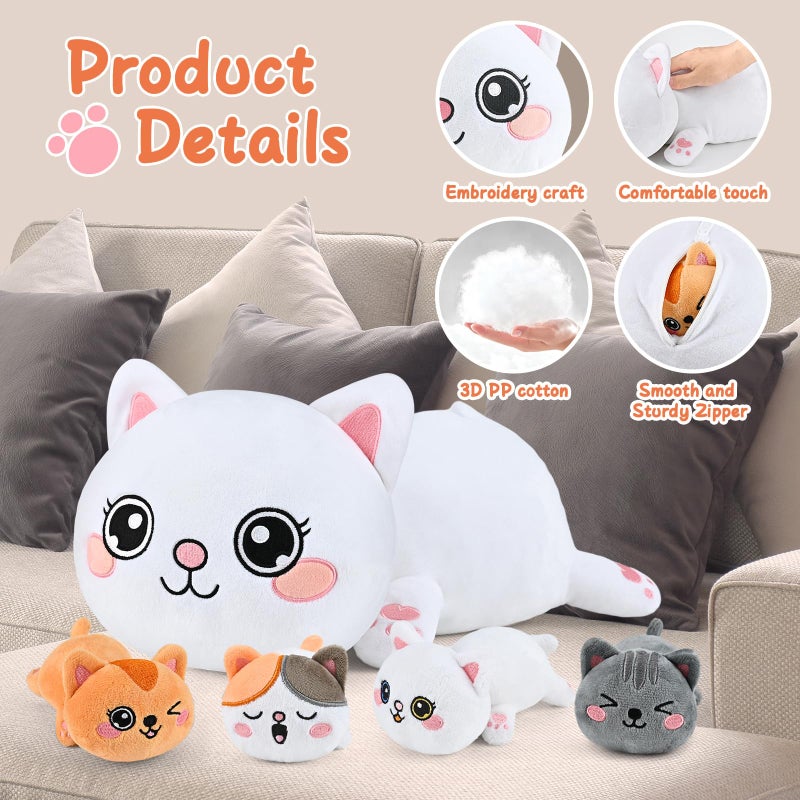 KMUYSL Cat Stuffed Animals Toys for Ages 0 1 2 3 4 5 6 7 8+ Years Old Kids - Mommy Cat with 4 Baby Kitty in Her Tummy, Idea Xmas Birthday Gifts for Baby, Toddler, Girls, Boys - Image 4