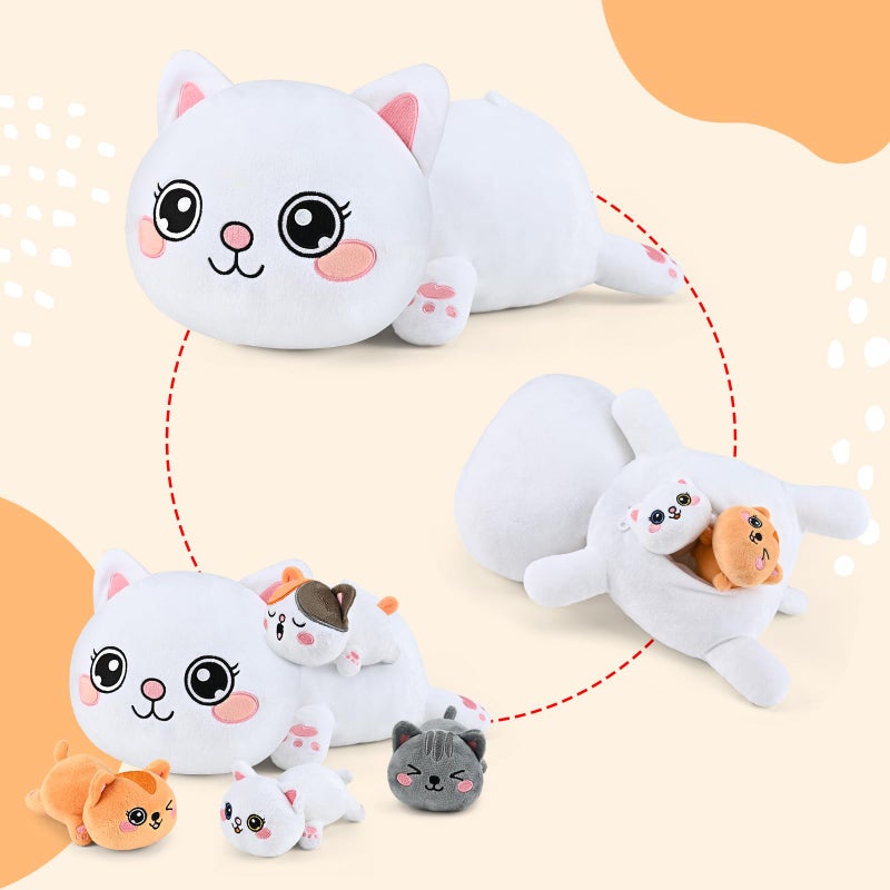 KMUYSL Cat Stuffed Animals Toys for Ages 0 1 2 3 4 5 6 7 8+ Years Old Kids - Mommy Cat with 4 Baby Kitty in Her Tummy, Idea Xmas Birthday Gifts for Baby, Toddler, Girls, Boys - Image 2
