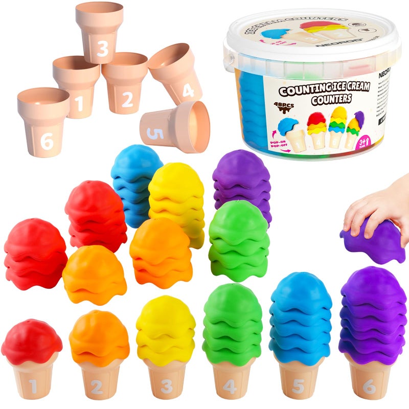 NEOROD Ice Cream Counting Toys for Toddlers 35 Montessori Preschool Learning Set with 42 Scoops 6 Cones Color Sorting Fine Motor Skills Stacker Educational Math Game Sensory Toys for Kids - Image 3