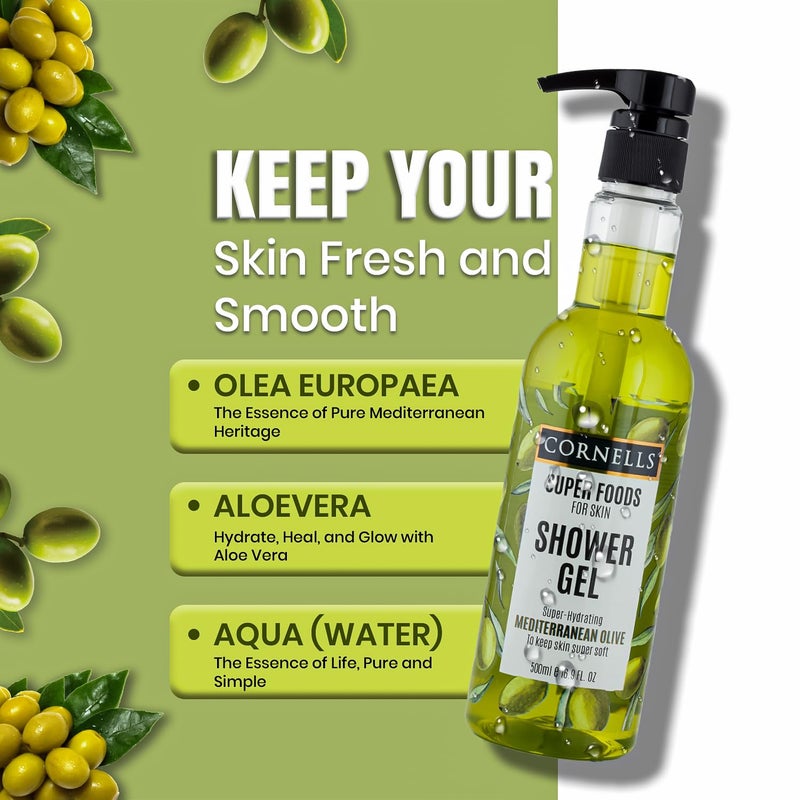 CORNELLS WELLNESS CORNELLS Super Foods Mediterranean Olive Shower Gel To Keep Skin Super Soft For Men & Women | Super Hydrating Nourishing Body Wash for Soft Skin | Gentle Cleansing - 500ml - Image 3