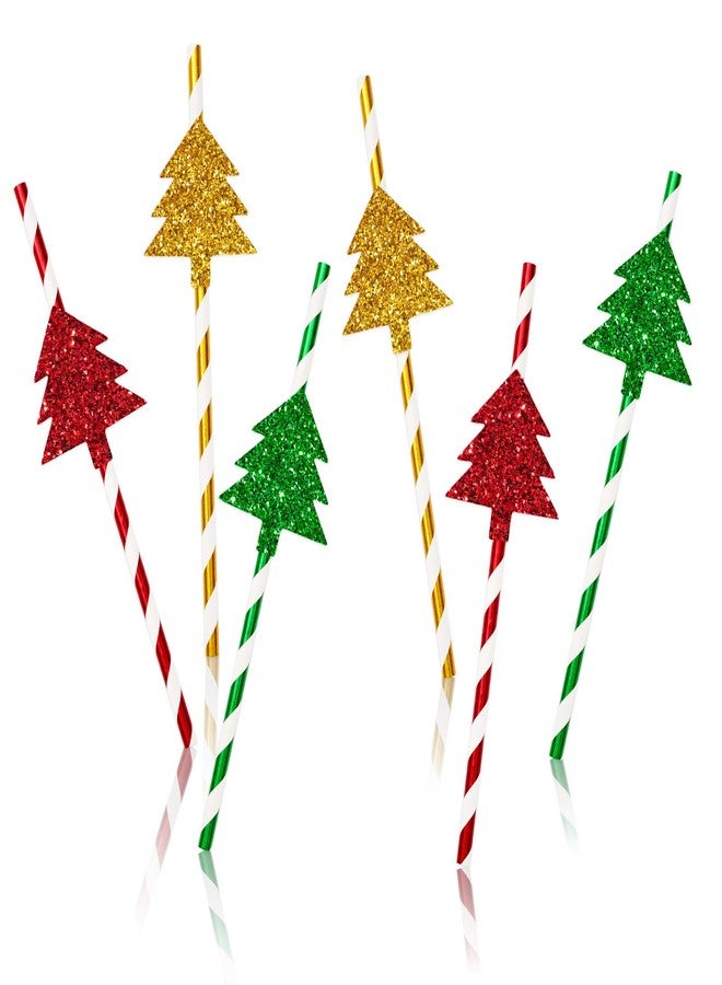 Whaline 60Pcs Christmas Paper Straws Red Green Gold Striped Disposable Drinking Straws with Glitter Xmas Tree for Winter Xmas Holiday Beverage Cocktail Birthday Home Party Supplies - Image 1