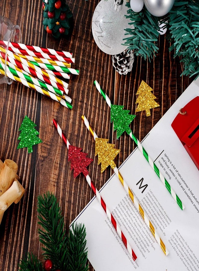 Whaline 60Pcs Christmas Paper Straws Red Green Gold Striped Disposable Drinking Straws with Glitter Xmas Tree for Winter Xmas Holiday Beverage Cocktail Birthday Home Party Supplies - Image 3