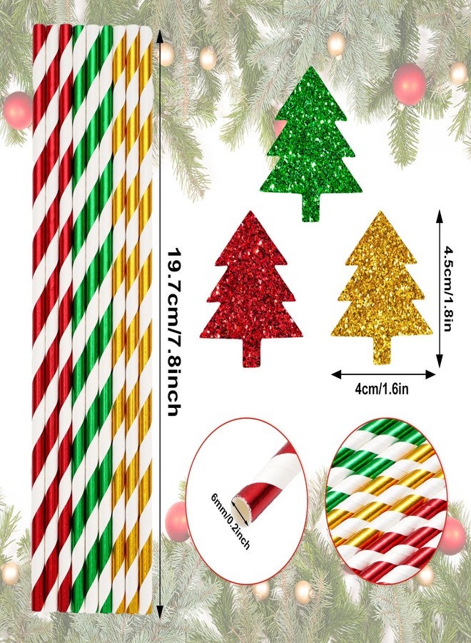 Whaline 60Pcs Christmas Paper Straws Red Green Gold Striped Disposable Drinking Straws with Glitter Xmas Tree for Winter Xmas Holiday Beverage Cocktail Birthday Home Party Supplies - Image 2