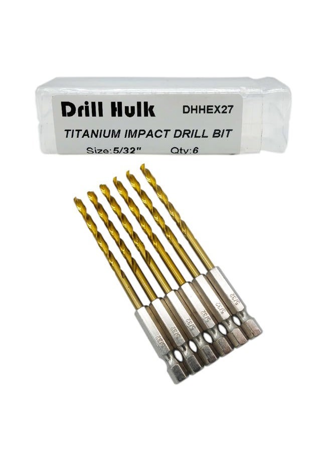 Drill Hulk Pack of 6, 5/32-Inch Titanium Nitride Coated Bit, Hex Shank, Premium M2 High Speed Steel, Jobber Length, for Metal, Plastic, Wood - Image 1