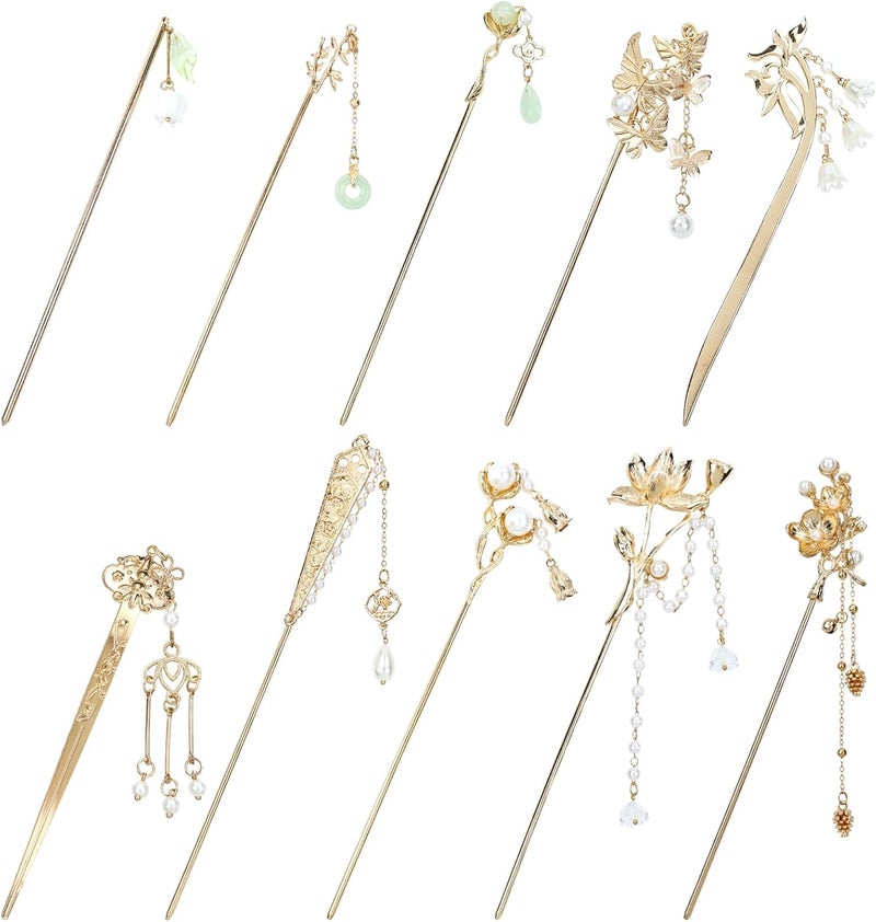 10 Pack Retro Gold Metal Long Hair Sticks Pins with Pearl Jade Dangles Tassels Pendants Chinese Hanfu Asian Flower Butterfly Hair Chopsticks Hair Picks Bun Forks Holders Hairpins for Women Girl
