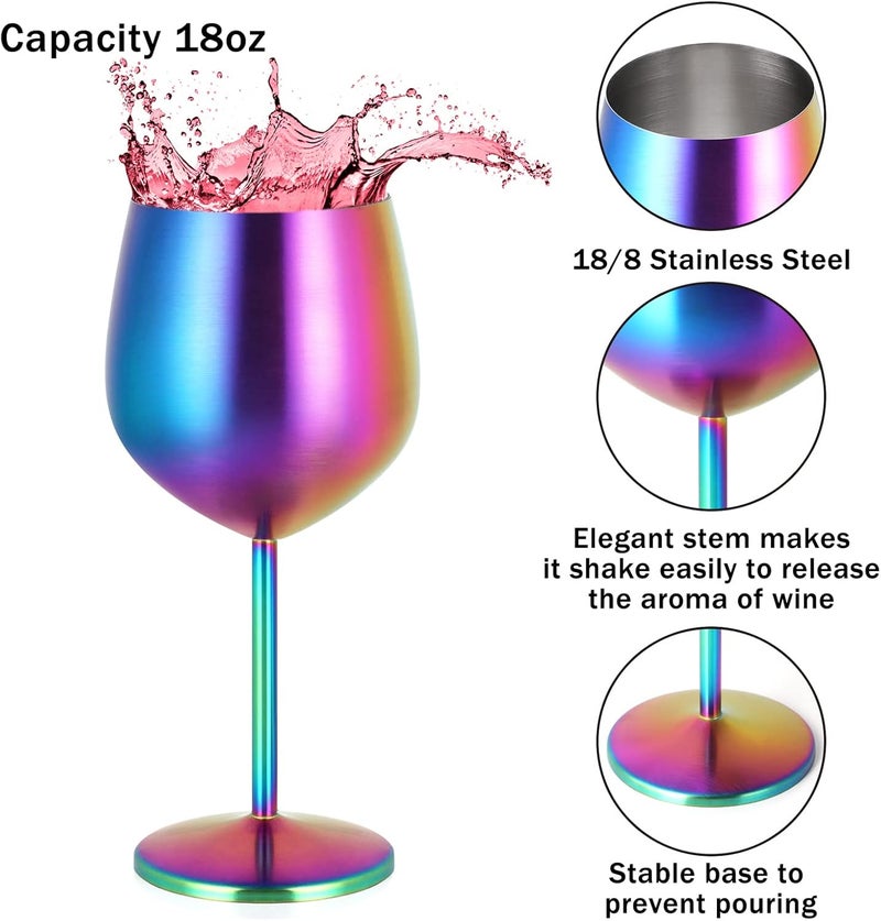 Lifecapido Stainless Steel Wine Glasses Set of 2, 18oz Colorful Stainless Steel Wine Goblets, Stemmed Metal Wine Glasses with Cup Brush for Party Office Wedding Anniversary, Great for Red White Wine - Image 2