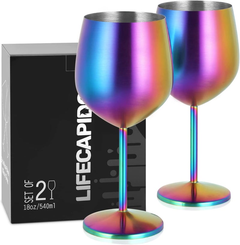 Lifecapido Stainless Steel Wine Glasses Set of 2, 18oz Colorful Stainless Steel Wine Goblets, Stemmed Metal Wine Glasses with Cup Brush for Party Office Wedding Anniversary, Great for Red White Wine - Image 1