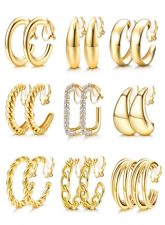 YADOCA 9 Pairs Gold Clip on Earrings for Women 14K Gold Plated Waterdrop Chunky Clip on Hoop Earrings No Piercing Fake Earrings Set - Image 1