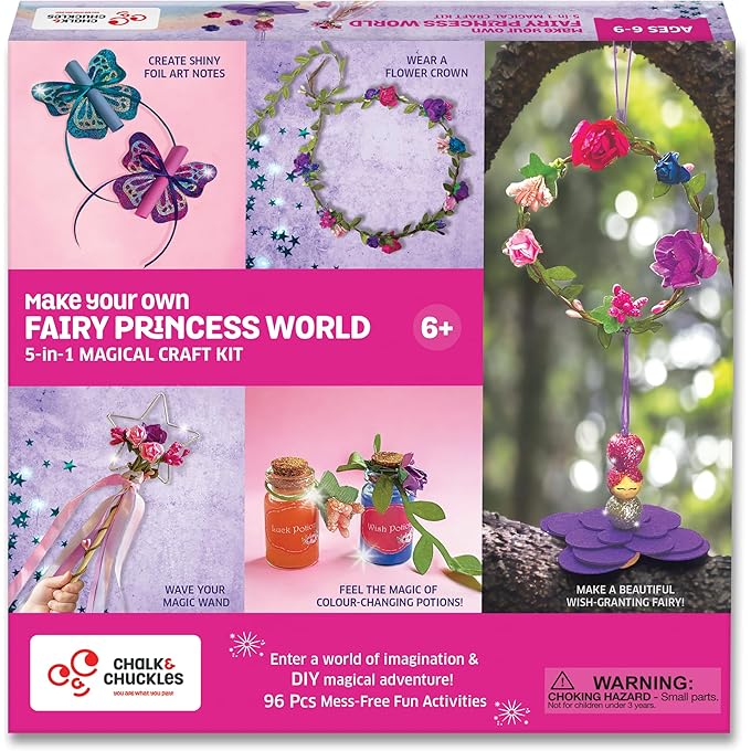CHALK AND CHUCKLES Paper Art And Craft Kit, Make Your Own Fairy Princess World, 5-In-1 DIY Creative Activity Kit For Kids, Gifts For Girls, Boys Ages 4-9