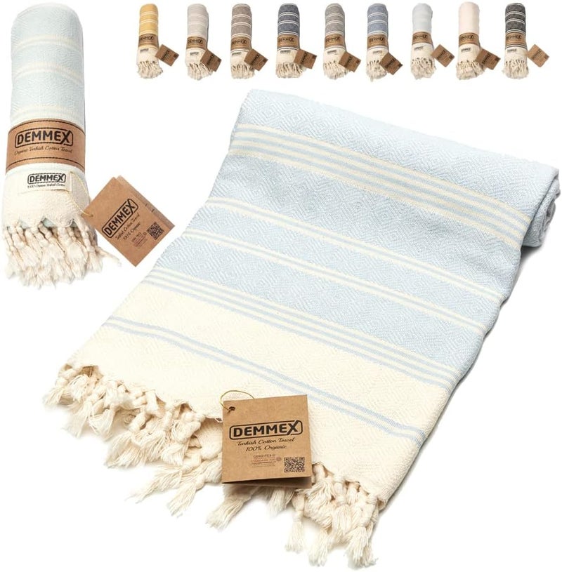 DEMMEX Certified 100% Organic Turkish Cotton Beach and Bath Towel - Hammam Peshtemal Towel, Blanket - Oversized, Quick Dry, Sand Free -Diamond Weave, Prewashed, Made in Turkey, 180x90, Baby Blue - Image 1