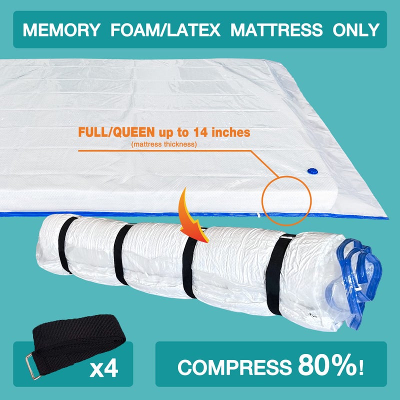 Asatdd Queen Size Mattress Vacuum Bag for Memory Foam/Latex Mattress Upto 14 Inch, Moving Shipping and Storage, Waterproof and Airtight with 4 Adjustable Straps - Image 2