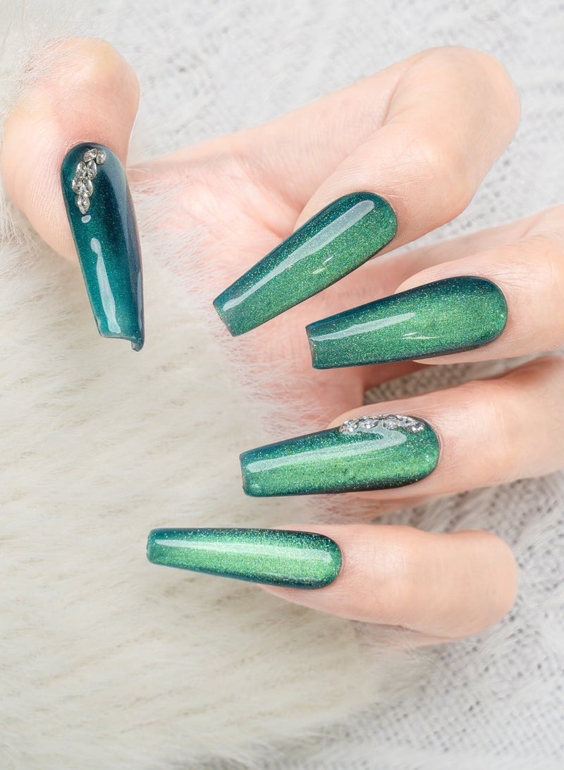 Nailosophy 10 Pcs Handmade Gel Press On Nails Coffin Long Teal Green Cat Eye Rhinestone Reusable False Nails Nail Kit for Women Party Wedding Eid Special Occasions - Image 1