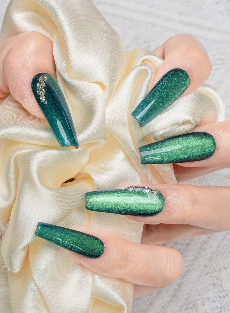 Nailosophy 10 Pcs Handmade Gel Press On Nails Coffin Long Teal Green Cat Eye Rhinestone Reusable False Nails Nail Kit for Women Party Wedding Eid Special Occasions - Image 3