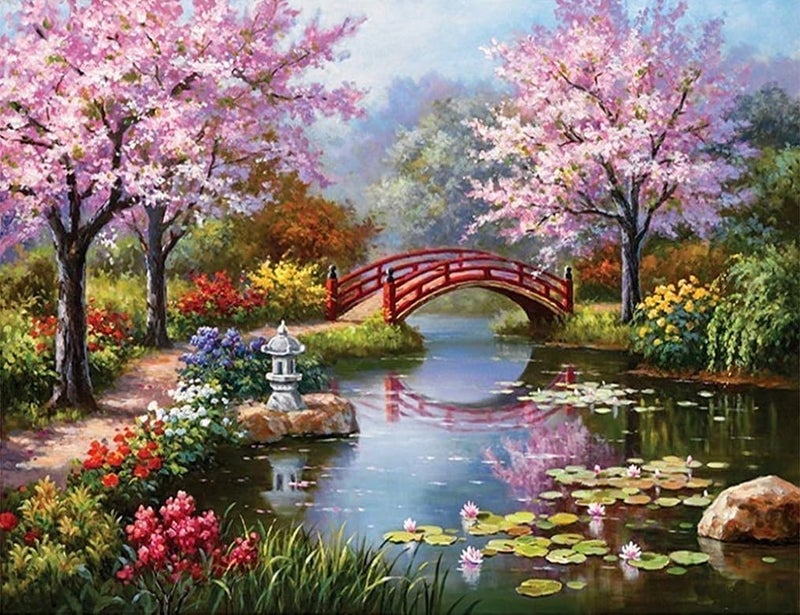 Darkness DARKNESS Diamond Art Kit, 5D Diamond Painting kit,Bridge Peach Tree Spring Pool Lotus Pond 5D Diamond Painting Set, Perfect for Relaxation and Home Wall Decor 30x40 cm (River Bridge)  - Image 1