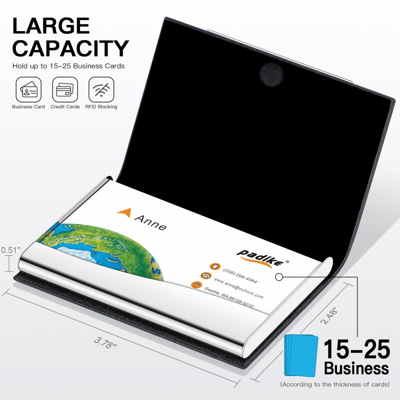 Padike Business Card Holder/ Case Professional PU Leather & Stainless Steel Multi Wallet Credit Card ID Case/Holder for Men & Women. (Black) - Image 3