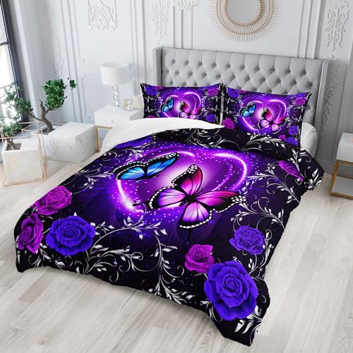 Tuzaovy Butterfly Comforter Set KingButterfly Bedding Sets for GirlsButterfly Decorations for BedroomDreamy Butterfly Comforter SetPurple Butterfly Bedding Black and Purple Butterfly Comforter - Image 3
