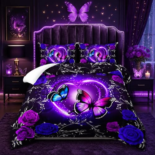 Tuzaovy Butterfly Comforter Set KingButterfly Bedding Sets for GirlsButterfly Decorations for BedroomDreamy Butterfly Comforter SetPurple Butterfly Bedding Black and Purple Butterfly Comforter - Image 1