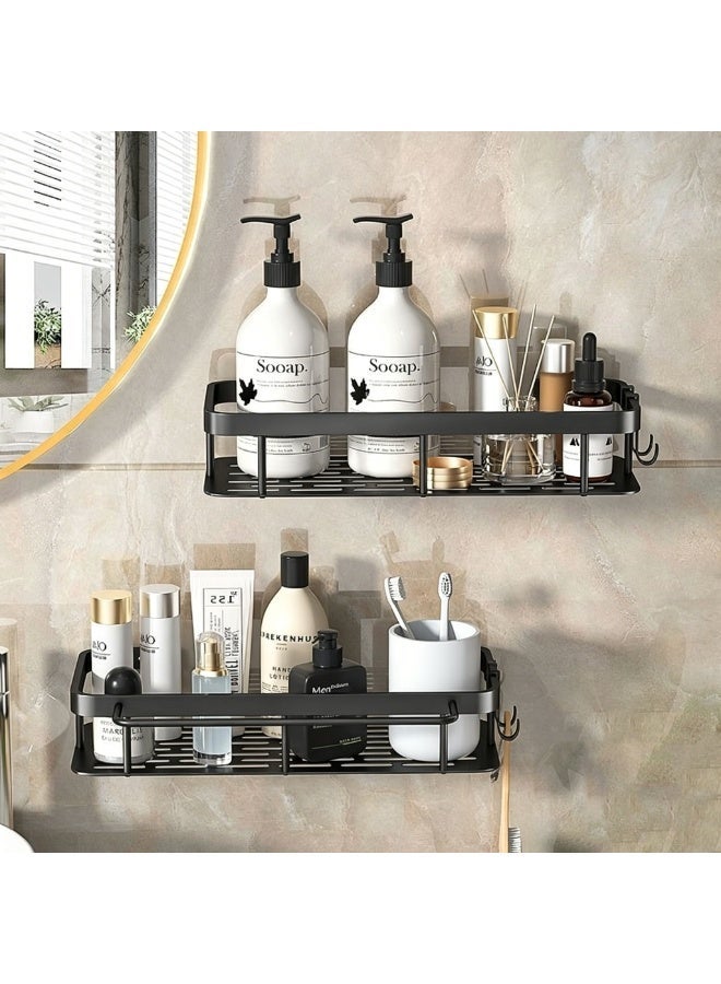 2 Pack Adhesive Bathroom Shower Caddy wall mounted Stainless Steel Floating Storage Shelves For Kitchen and Bathroom Black - Image 2