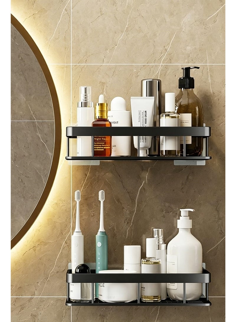 2 Pack Adhesive Bathroom Shower Caddy wall mounted Stainless Steel Floating Storage Shelves For Kitchen and Bathroom Black - Image 1