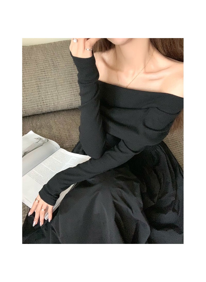 Generic Vintage Black Off-Shoulder Dress Womens Autumn/Winter Base Layer Long Dress Waist-Fitted Elegant Gentle Style A- Line Skirt Black 
