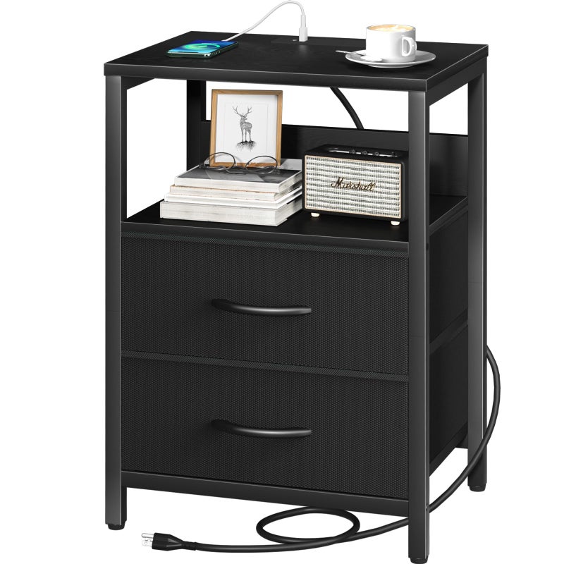 Yoobure Nightstand with Charging Station Small Night Stand with Fabric Drawers and Storage Shelf for Bedrooms Nightstands for Small Spaces Bedside Table with USB Ports  Outlets Bed Side Table