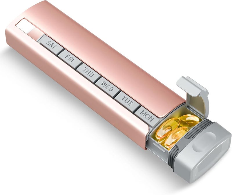 Weekly Pill Organizer 7 Day, Travel Betife Upgrade Premium Aluminum Alloy Daily Pill Box 7 Day, Pill Case, Cute Pill Holder to Hold Vitamins, Medicines, Pills, Supplements (Pink)