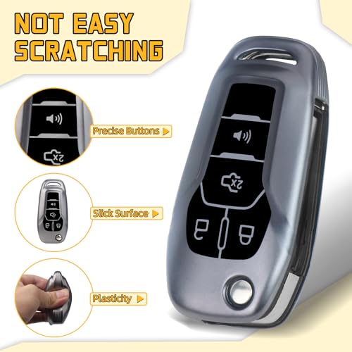 FT FUNTOR for Ford Car Key Cover,Compatible with Ford Bronco F-150 F-250 F-350 F-450 F-550 Raptor Fusion Ranger Ranger XLT Figo,4 Buttons TPU Key Cover with Keychain (C-Grey) - Image 4