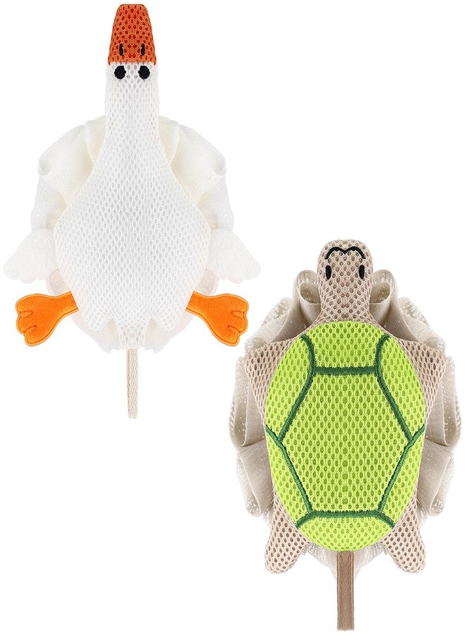 Vesici 2 Pcs Loofahs for Kids Children's Bath Loofahs Girls Toddler Cute Cartoon Bath Sponges Loofah Pouf Body Scrubber Mesh Sponges for Shower Washing Exfoliating (Turtle,Goose) - Image 1