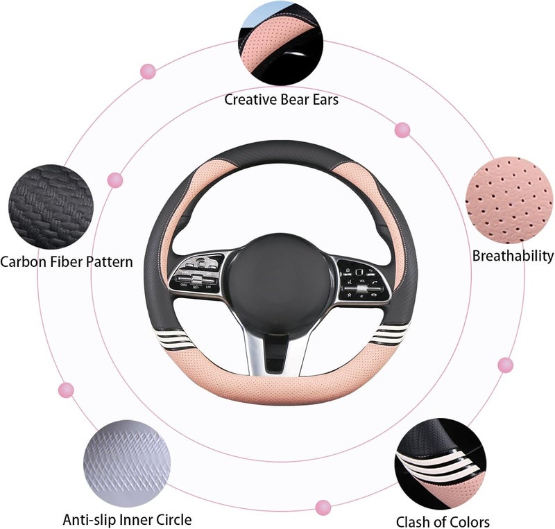 Binsheo 14 inch Cute D Shaped Steering Wheel Cover for Women Men Faux Leather and Carbon Fiber,Black and Pink - Image 5