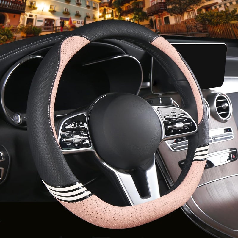 Binsheo 14 inch Cute D Shaped Steering Wheel Cover for Women Men Faux Leather and Carbon Fiber,Black and Pink - Image 2