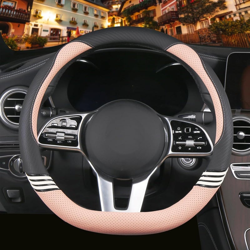 Binsheo 14 inch Cute D Shaped Steering Wheel Cover for Women Men Faux Leather and Carbon Fiber,Black and Pink - Image 1