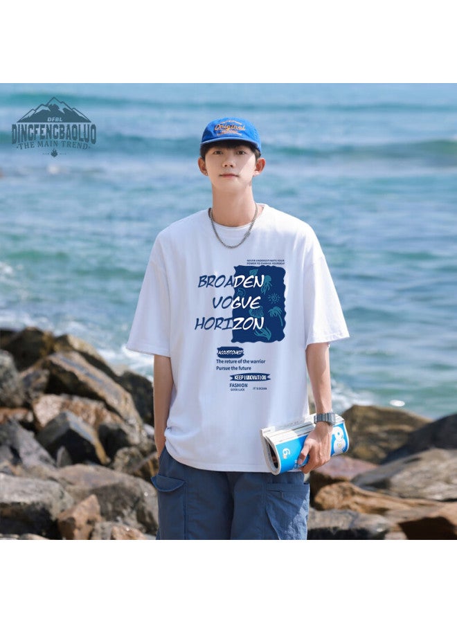 Dingfengbaoluo T-shirt, Trendy Hong Kong Style, Summer Short Sleeve, Men's Breathable And Cool, Simple Loose Fit, Large Size, Dfbl019, White, 2XL - Image 3