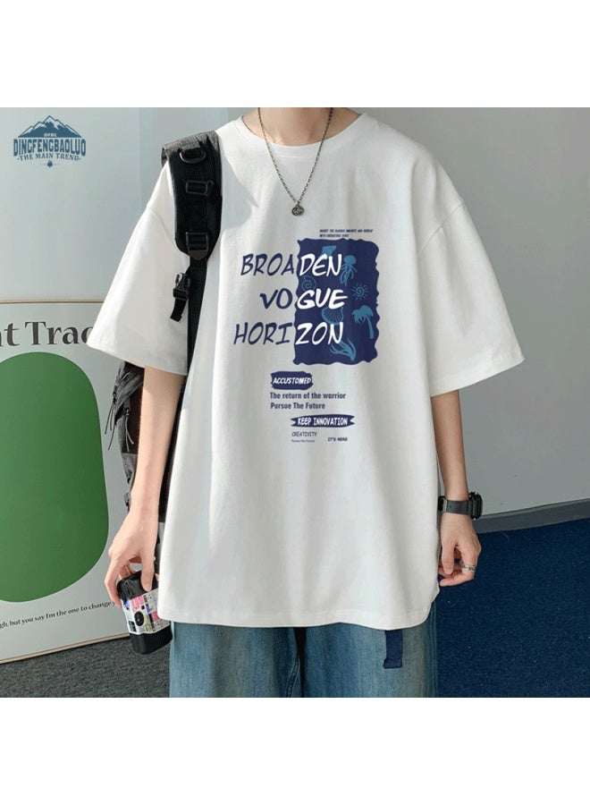 Dingfengbaoluo T-shirt, Trendy Hong Kong Style, Summer Short Sleeve, Men's Breathable And Cool, Simple Loose Fit, Large Size, Dfbl019, White, 2XL - Image 1