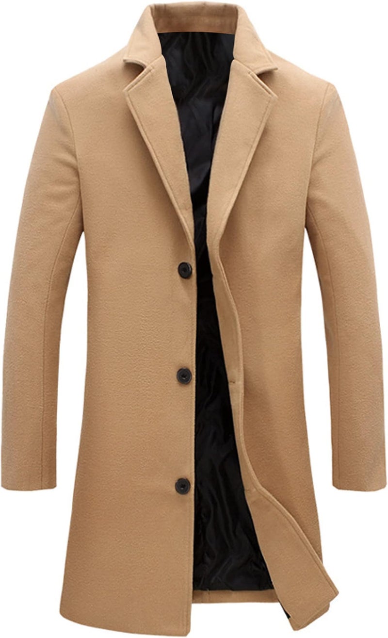 Springrain Men's Wool Blend Pea Coat Notched Collar Single Breasted Overcoat Warm Winter Trench Coat(Khaki-XL) - Image 1