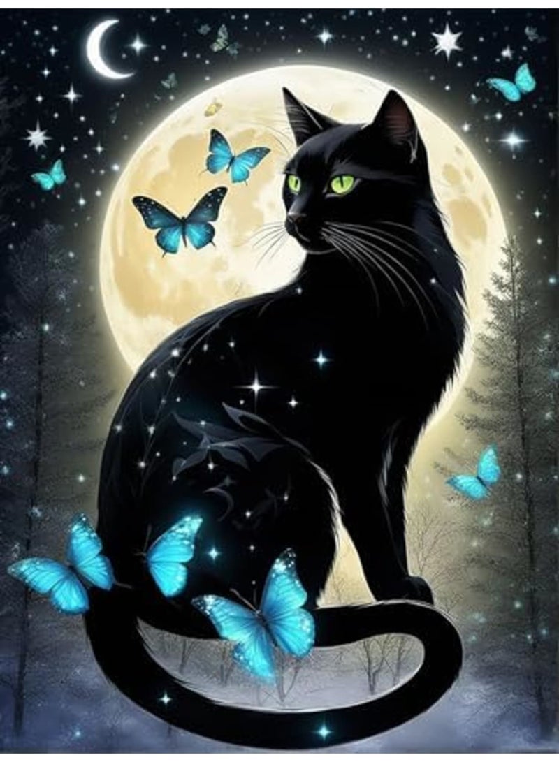 SYOSI 5D Black Cat Diamond Art Kits for Adult Beginners, 11.8X15.7inch Moon Cat Full Drill Round Rhinestones Gem Art for Home Wall Decor, Gifts - Image 1