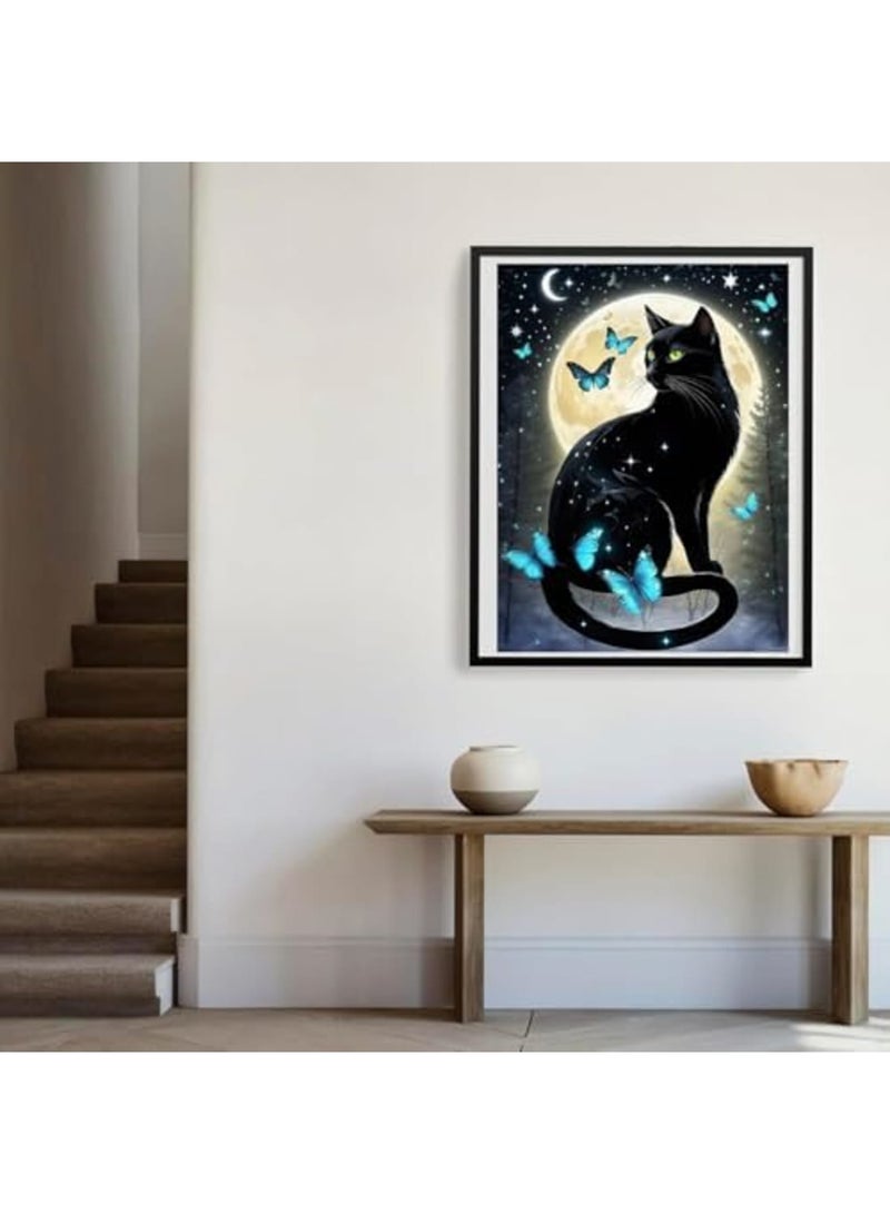 SYOSI 5D Black Cat Diamond Art Kits for Adult Beginners, 11.8X15.7inch Moon Cat Full Drill Round Rhinestones Gem Art for Home Wall Decor, Gifts - Image 2
