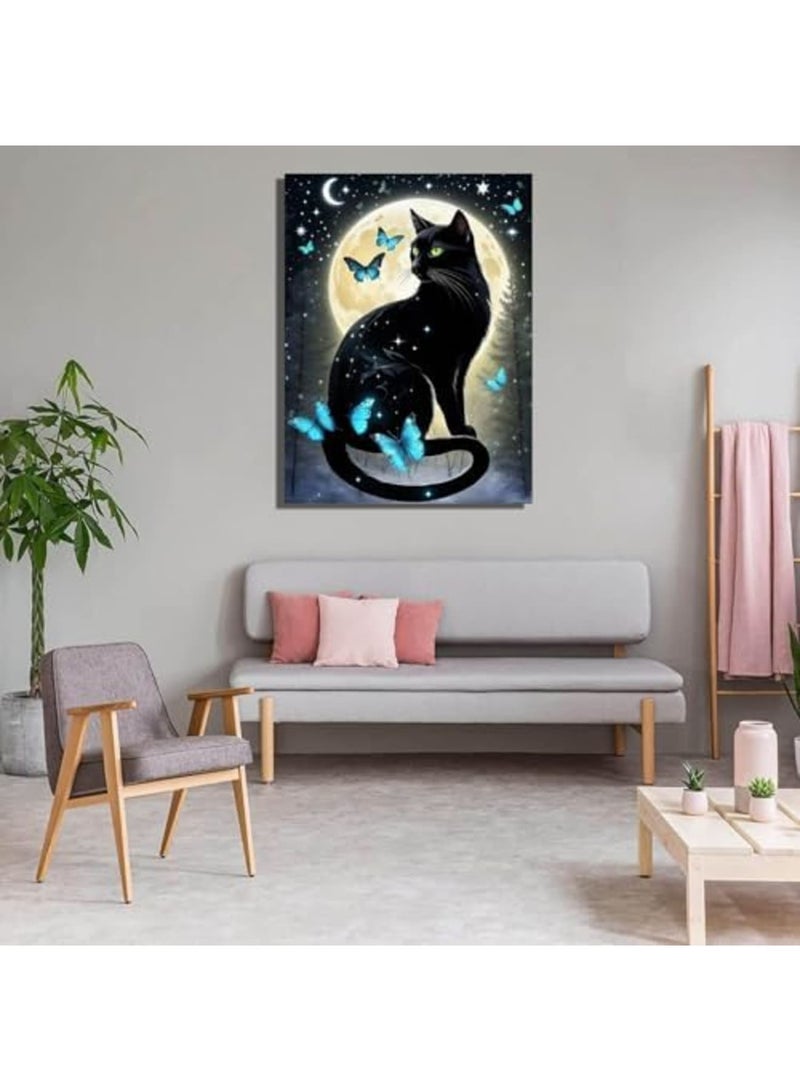 SYOSI 5D Black Cat Diamond Art Kits for Adult Beginners, 11.8X15.7inch Moon Cat Full Drill Round Rhinestones Gem Art for Home Wall Decor, Gifts - Image 3