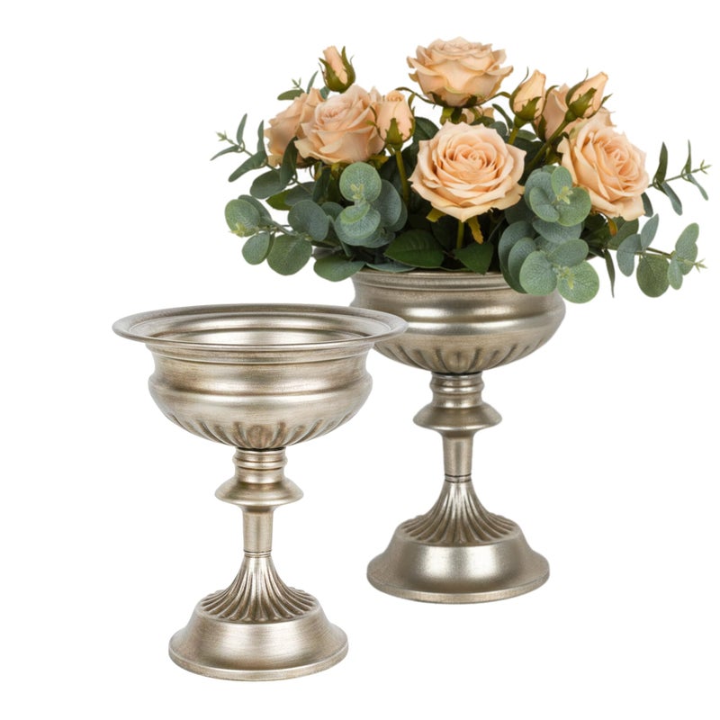 WORTH Small Urn Vases for Centerpieces Set of 2, Classic Metal Trumpet Flower Pots for Table, Bowl Vase for Wedding Party Event Home Deco (Silver, 7.8" Dia x 8.8" H) - Image 1