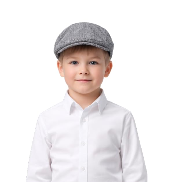 RR DESIGN Kids' Classic Newsboy Cap, Grey Tweed, Polyster-Blend Flat Cap with Cotton Lining(Age Group 5-10 Years)- Grey Peaky Blender Pattern - Image 1