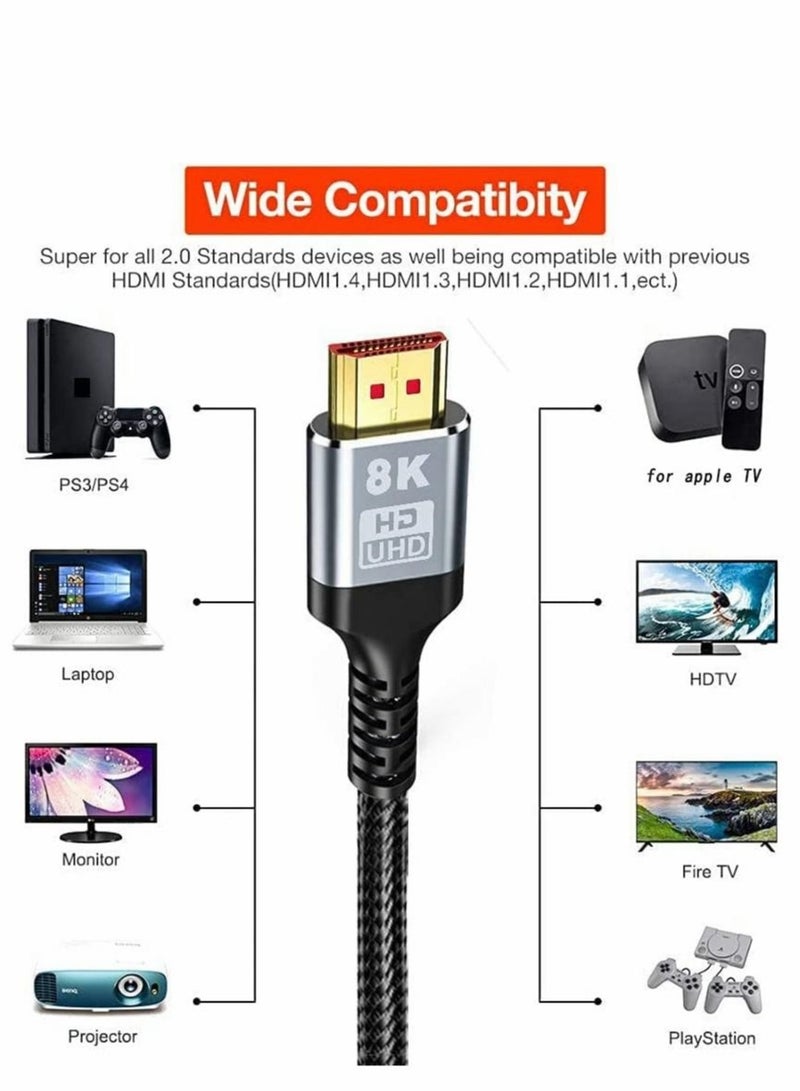 Captaintech 8K@60Hz HDMI Cable 2.1 10FT/3M Long for MacBook Pro Ultra 48Gbps HD High Speed Slim Flexible Braided Cord 4K@120Hz Dynamic HDR/HDCP 2.2 /3D Fit PS5 TV, Xbox One Switch 1M - Image 3