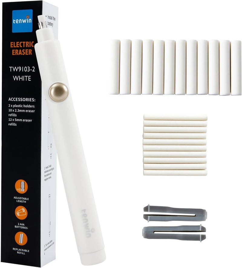 tenwin Battery Operated Pencil Eraser, Electric Eraser Kit with 2 Different Eraser Sizes, Ideal for Sketching, Drafting, Drawing (White) - Image 1
