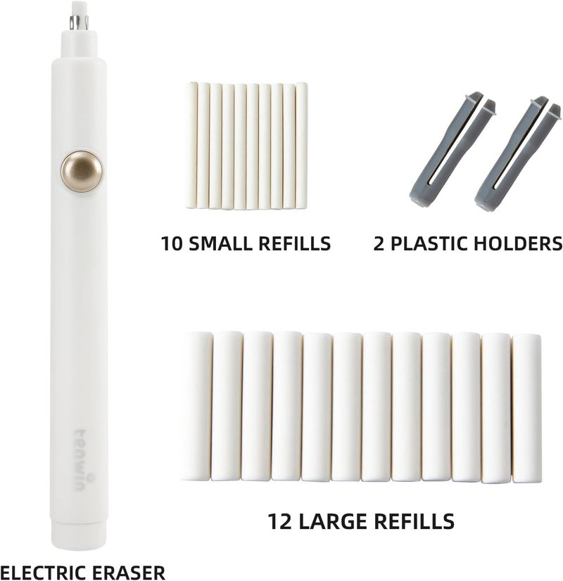 tenwin Battery Operated Pencil Eraser, Electric Eraser Kit with 2 Different Eraser Sizes, Ideal for Sketching, Drafting, Drawing (White) - Image 2
