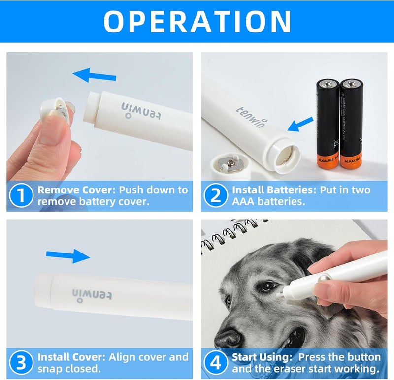 tenwin Battery Operated Pencil Eraser, Electric Eraser Kit with 2 Different Eraser Sizes, Ideal for Sketching, Drafting, Drawing (White) - Image 4