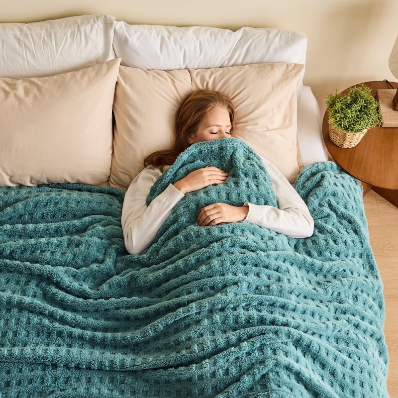 NEWCOSPLAY Super Soft Queen Blanket Teal Premium Silky Flannel Fleece 3D Waffle Checkered Lightweight Bed Blanket All Season Use (Light Teal  Queen(90""x90"")) - Image 1