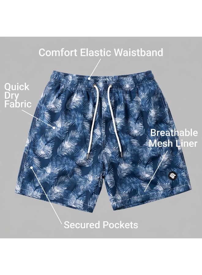 IceZone Men's Swim Trunks, Blue & White Palm Print, Quick Dry Beach Shorts with Mesh Lining & Drawstring - Image 3