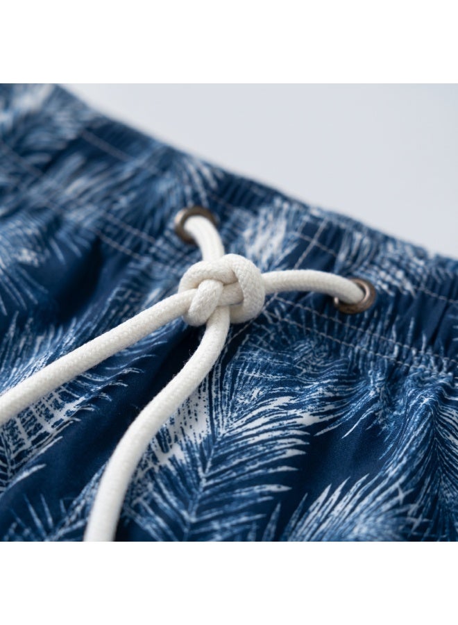 IceZone Men's Swim Trunks, Blue & White Palm Print, Quick Dry Beach Shorts with Mesh Lining & Drawstring - Image 2