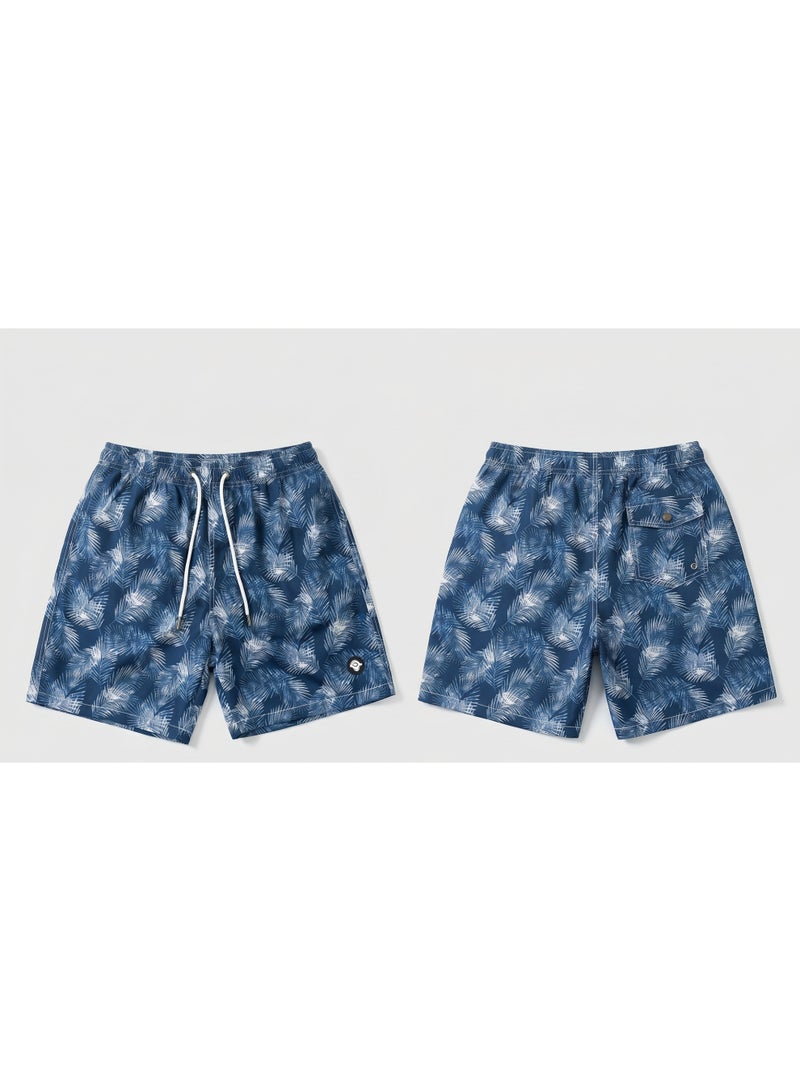 IceZone Men's Swim Trunks, Blue & White Palm Print, Quick Dry Beach Shorts with Mesh Lining & Drawstring - Image 4