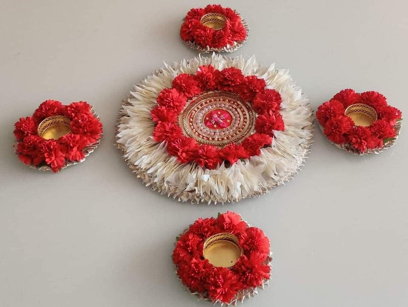 Sanvatsar Home Diwali Decorative Floral Rangoli Diya Set of 5 Handmade Tea Light Candle Designer Diyas Deepak Candles Home Decoration Tea Light Wax for puja Festival Decor