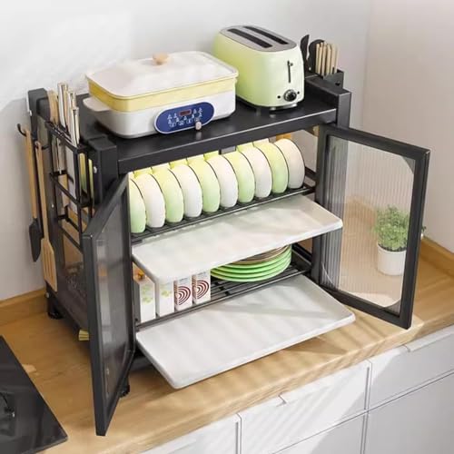 DROZIP 2-Tier Kitchen Countertop Cutlery Storage Cabinet, Dish Drying Rack with Drawers and Drainage Board, Acrylic Cabinet Door 360° Dustproof for Storing Dishes and Seasonings, Black - Image 4
